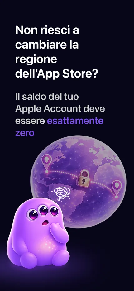 App Zero Balance per iOS su iPhone - schermata di successo All Set che mostra il saldo Apple Account azzerato a 0,00 € con il pacchetto scelto di piccoli articoli App Store
